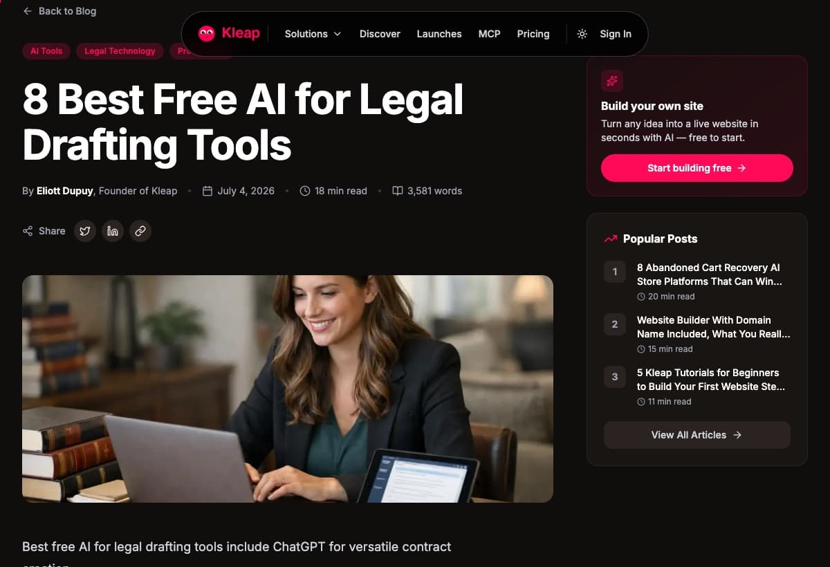 Kleap blog article on the best free AI tools for legal drafting