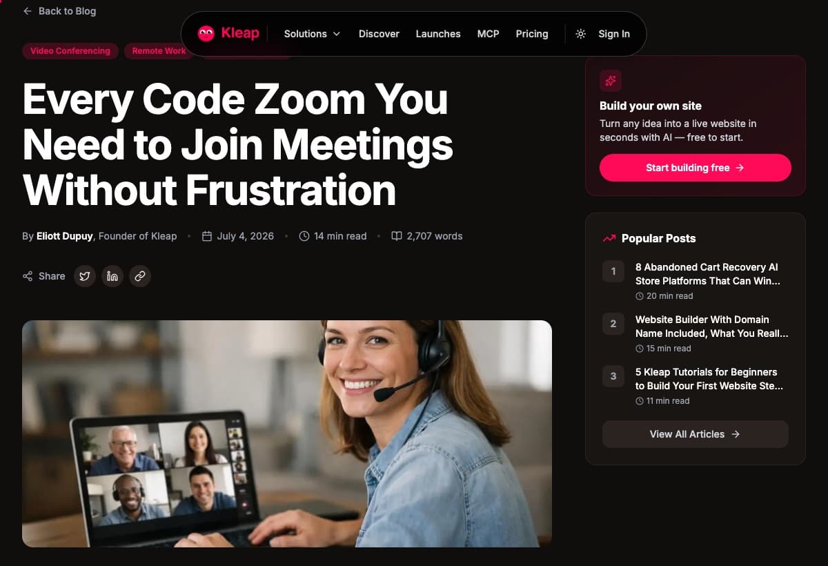 Kleap blog article on Zoom codes