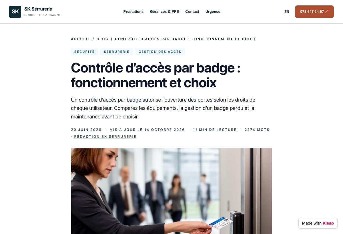 Article de serrureriesk.ch sur le contrôle d'accès par badge
