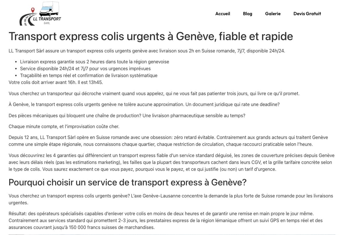LL Transport's article on express transport of urgent parcels in Geneva